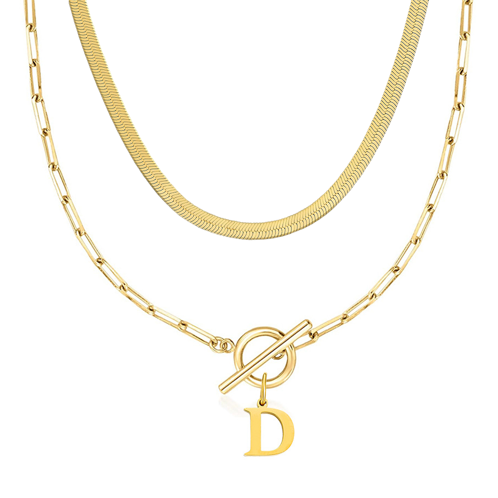 2pc Paperclip Initial Toggle Clasp & Herringbone Necklace Set