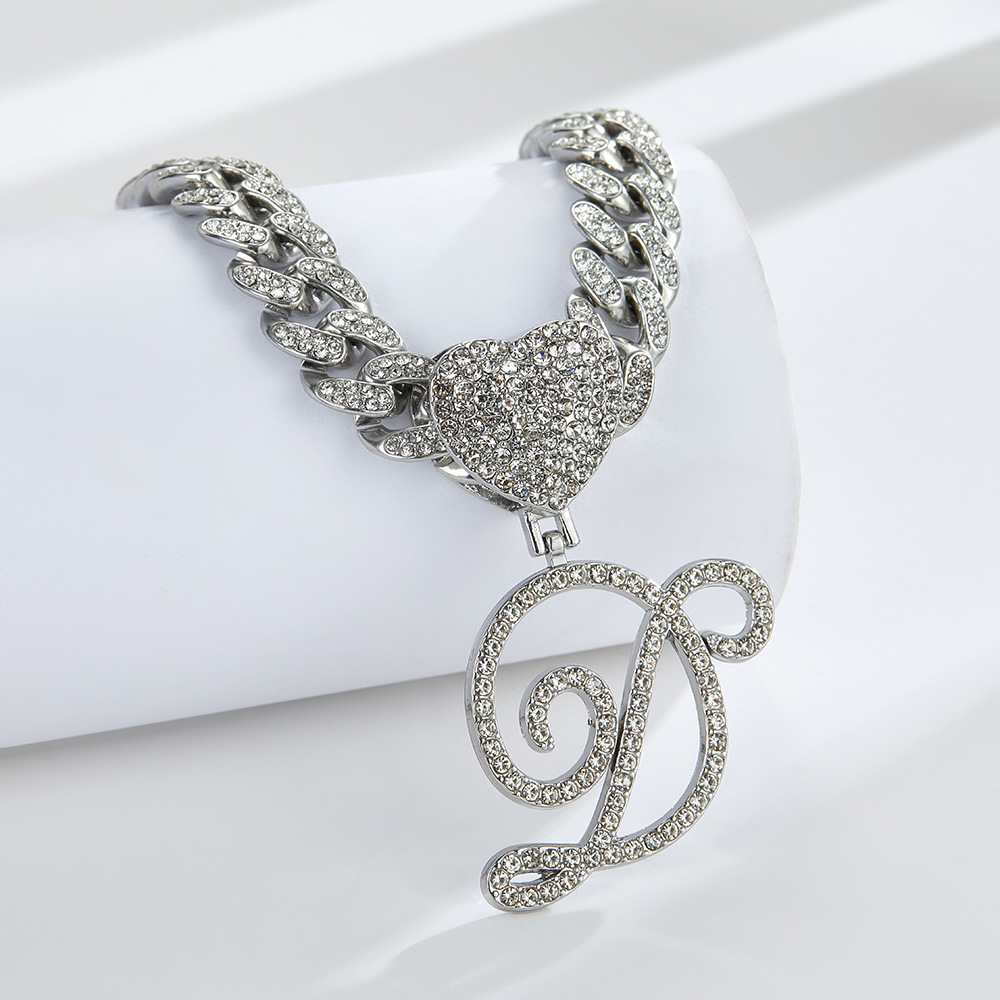 Cursive Diamond Accented Initial Cuban Heart Necklace