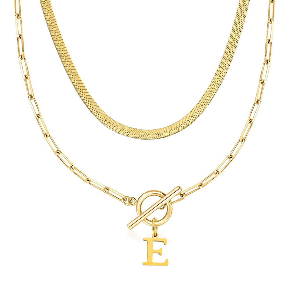 2pc Paperclip Initial Toggle Clasp & Herringbone Necklace Set
