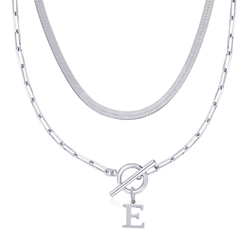 2pc Paperclip Initial Toggle Clasp & Herringbone Necklace Set