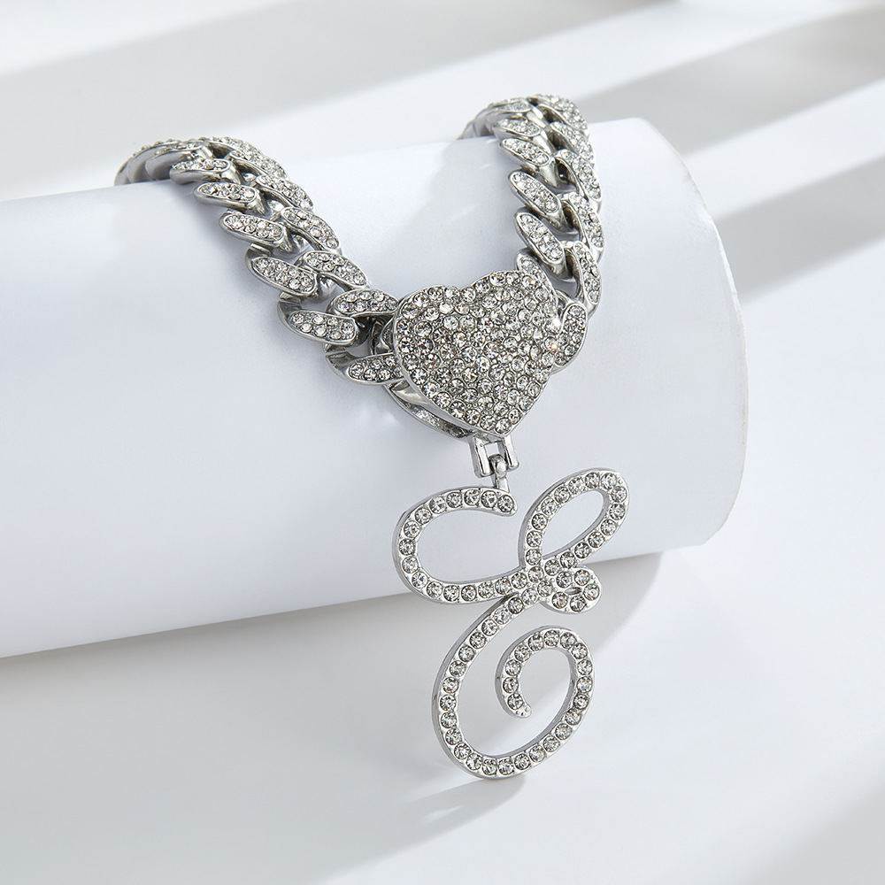 Cursive Diamond Accented Initial Cuban Heart Necklace