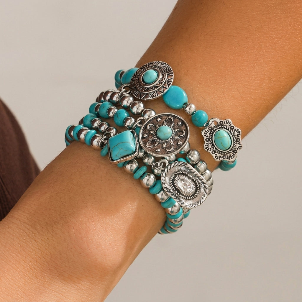 5pc Boho Style Turquoise Bracelet Stack