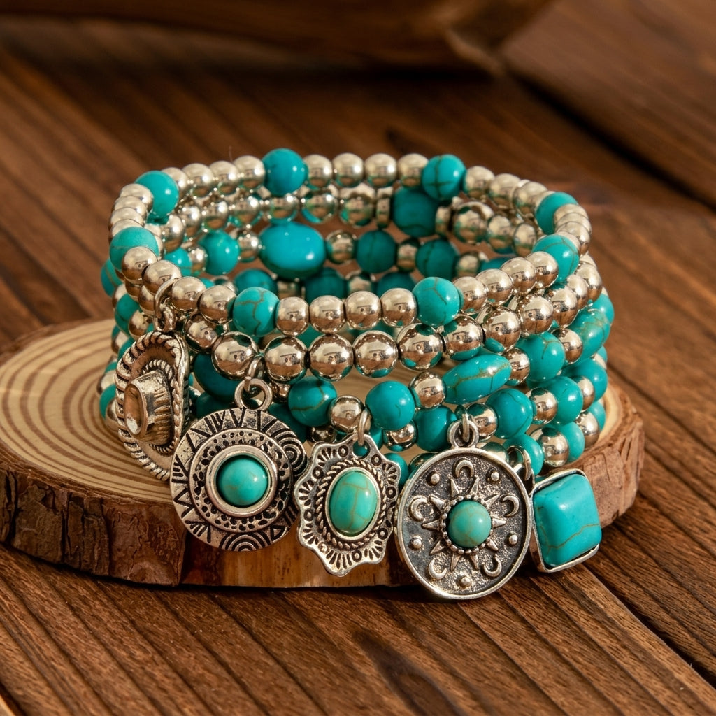 5pc Boho Style Turquoise Bracelet Stack