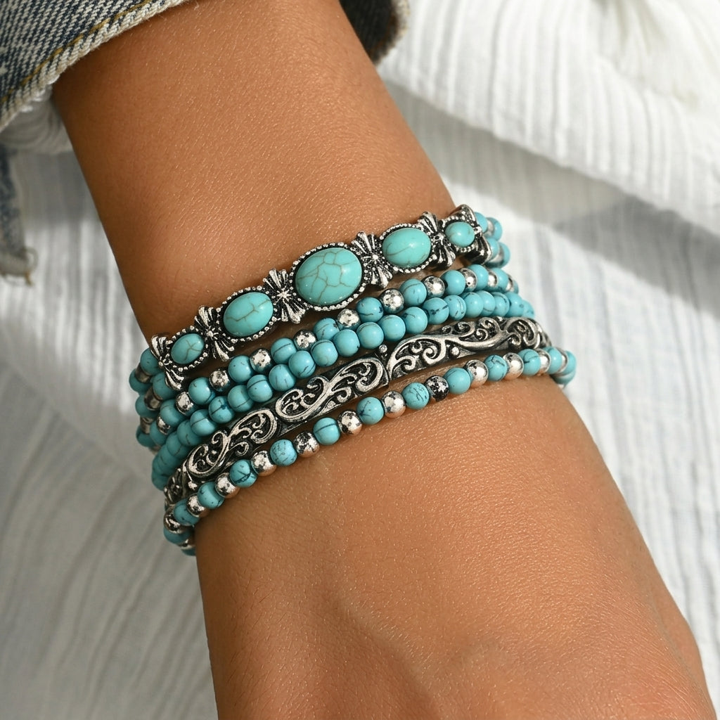 5pc Boho Style Turquoise Bracelet Stack
