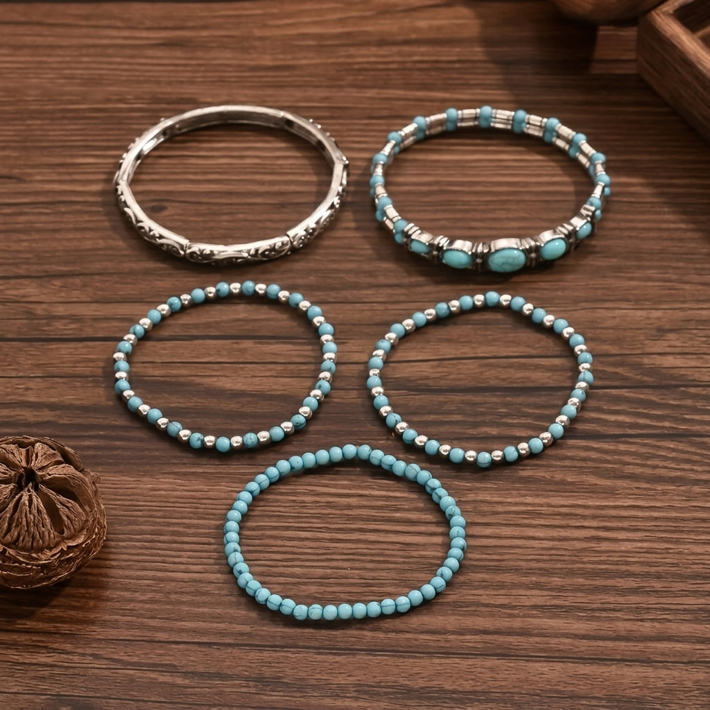 5pc Boho Style Turquoise Bracelet Stack