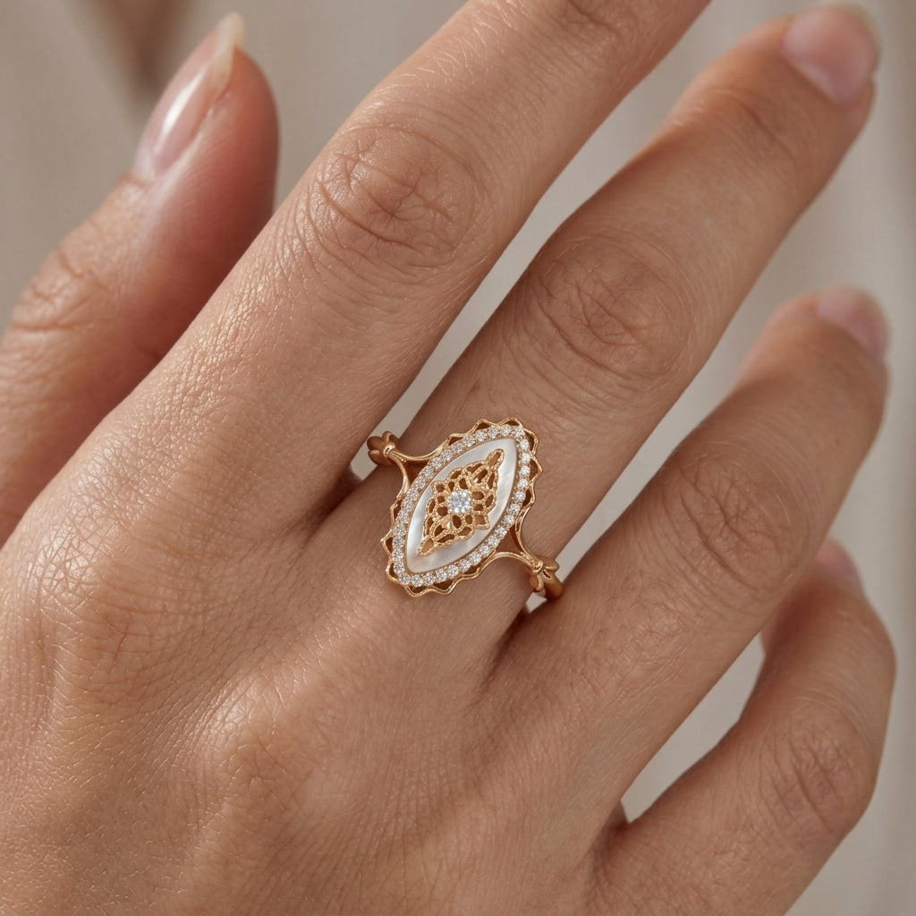 CZ Halo Accented Mother of Pearl Ring