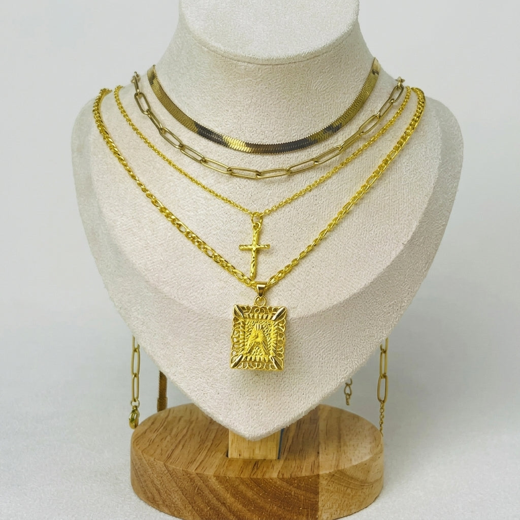 4pc 14k Initial & Cross Necklace Set