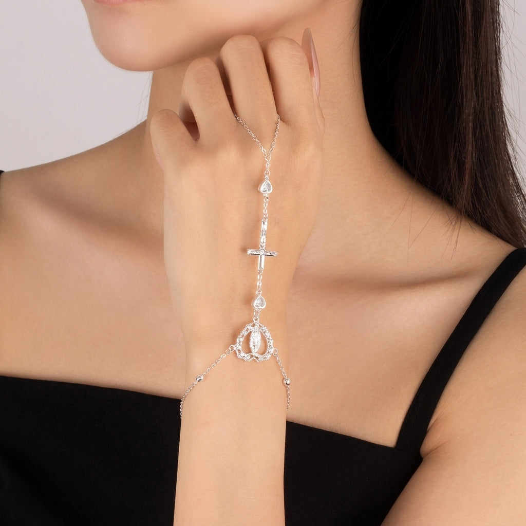 14k Virgin Mary & Jesus Christ Heart Cross Hand Chain