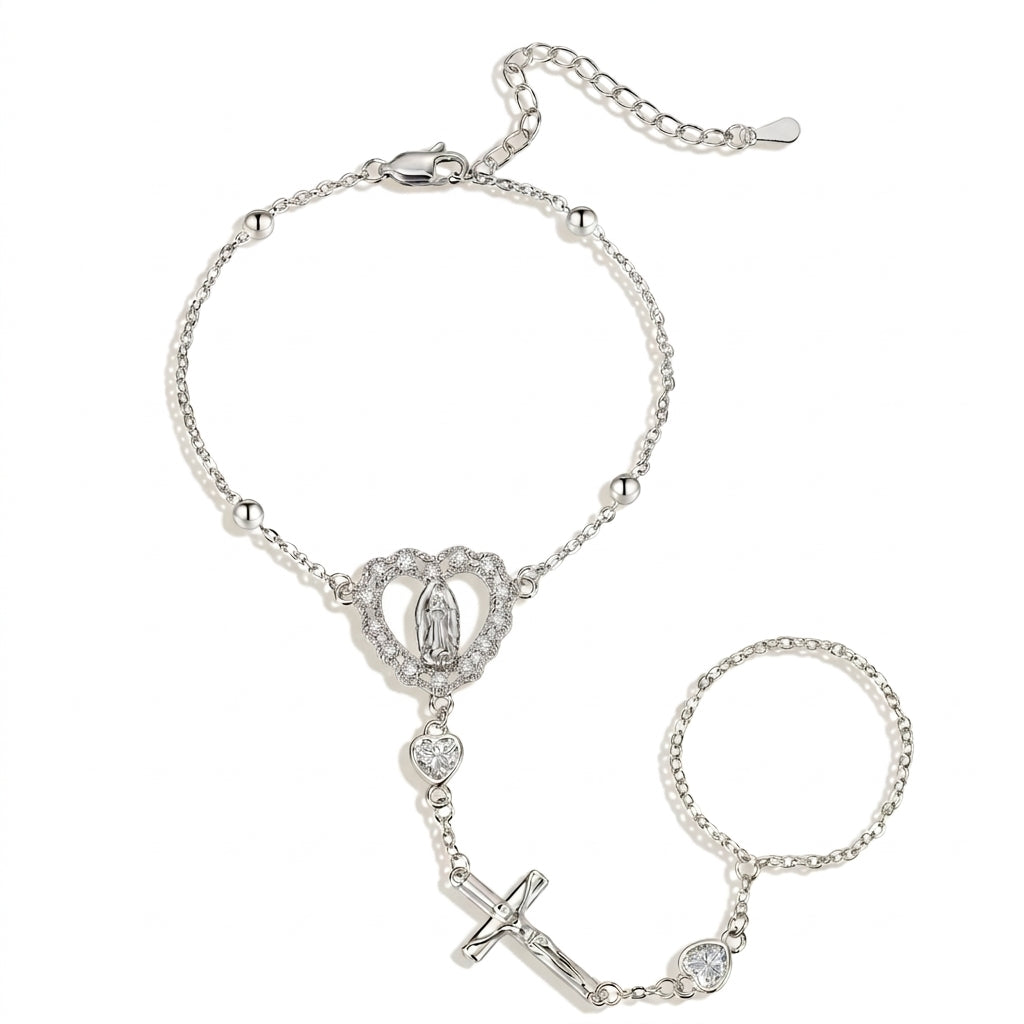 14k Virgin Mary & Jesus Christ Heart Cross Hand Chain