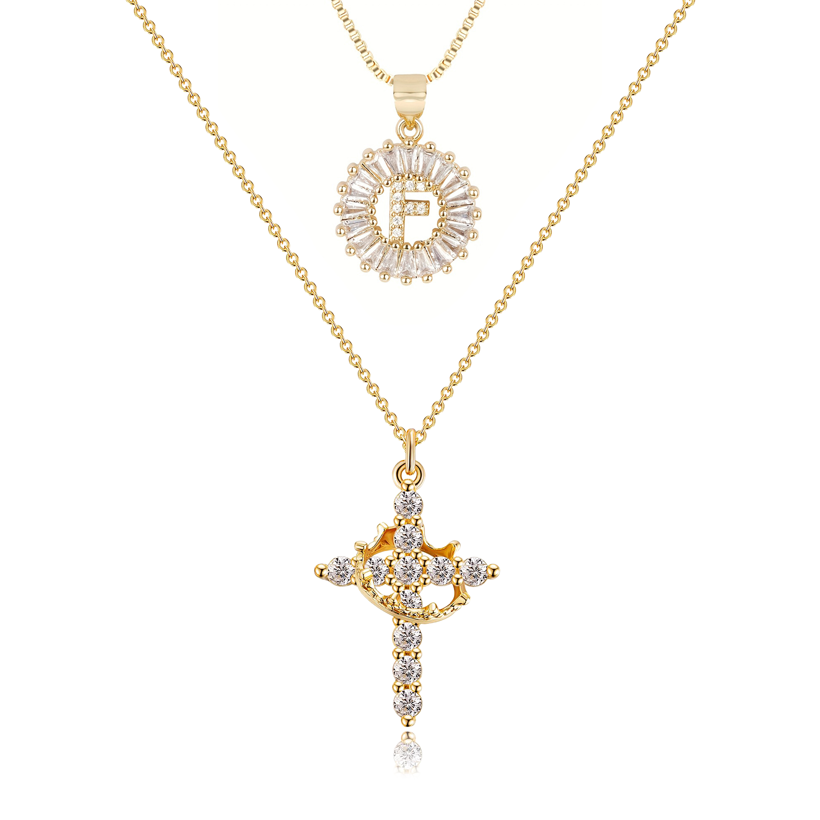 2pc 14k Diamond Cross Crown & Initial Necklace Set