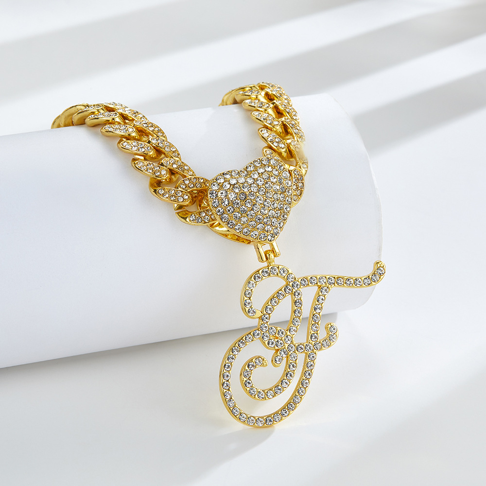 Cursive Diamond Accented Initial Cuban Heart Necklace