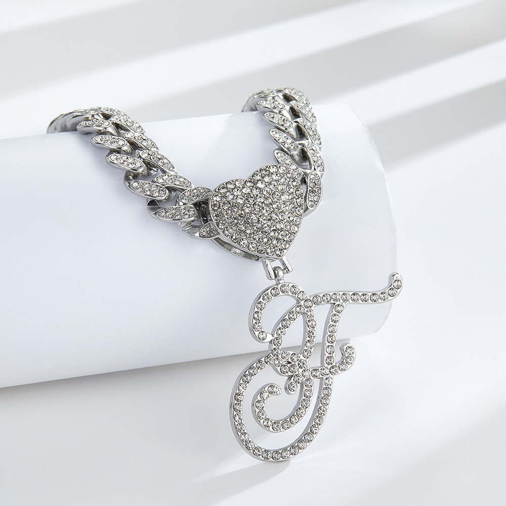 Cursive Diamond Accented Initial Cuban Heart Necklace