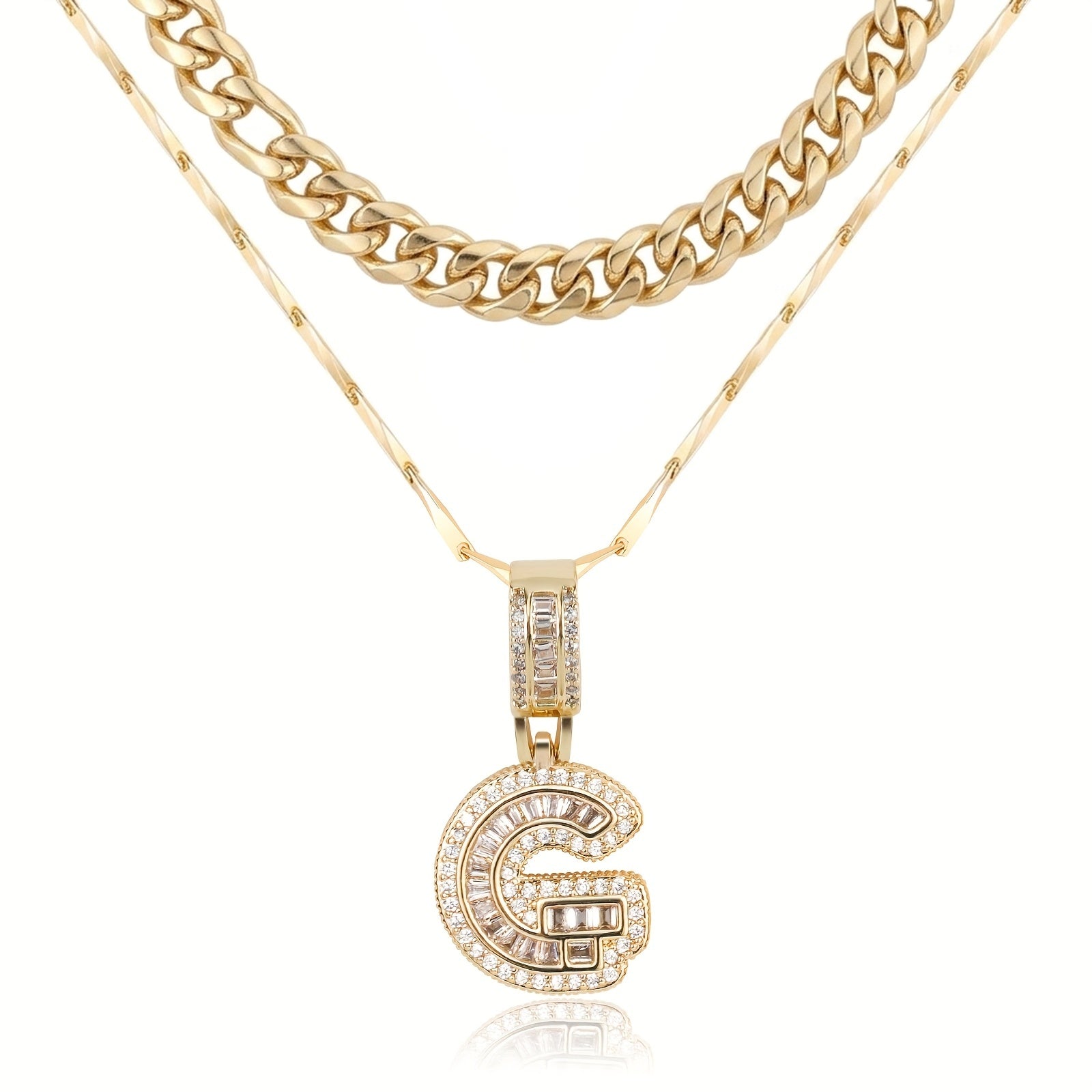 2pc 14k Layered Cuban & Initial Necklaces