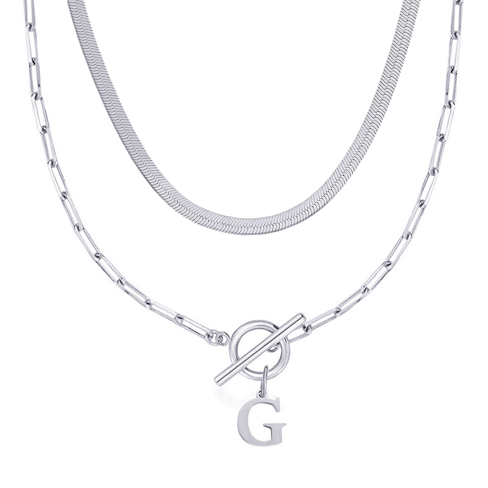 2pc Paperclip Initial Toggle Clasp & Herringbone Necklace Set