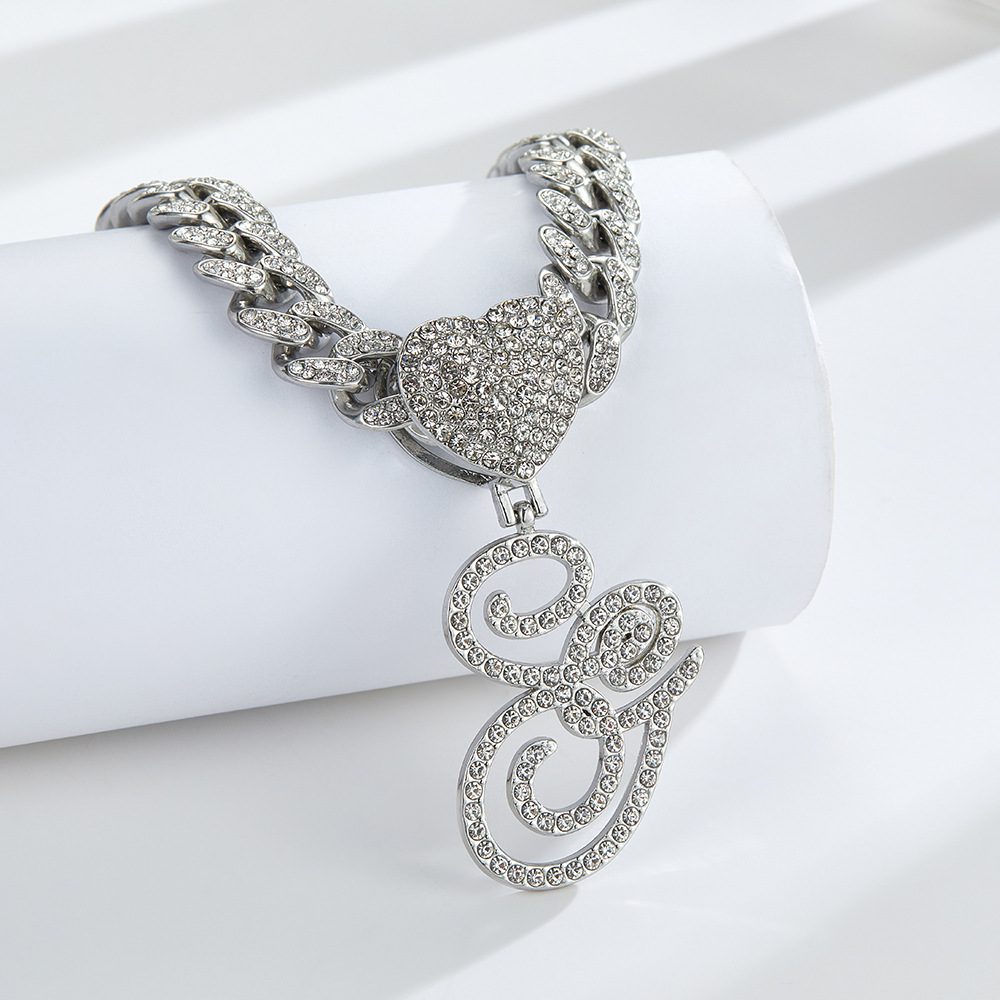 Cursive Diamond Accented Initial Cuban Heart Necklace