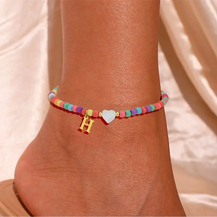 Colorful Pearl Heart Initial Anklet