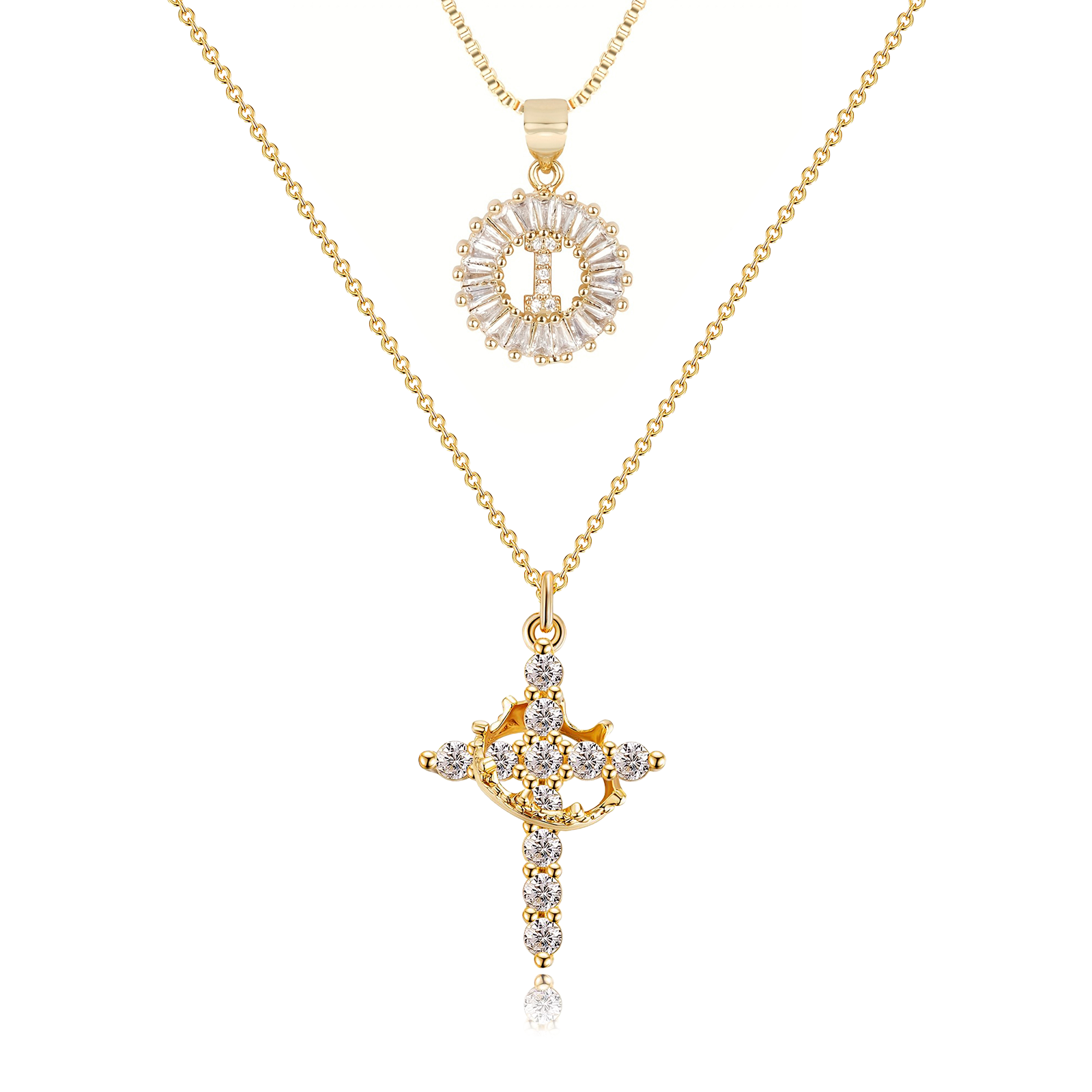2pc 14k Diamond Cross Crown & Initial Necklace Set