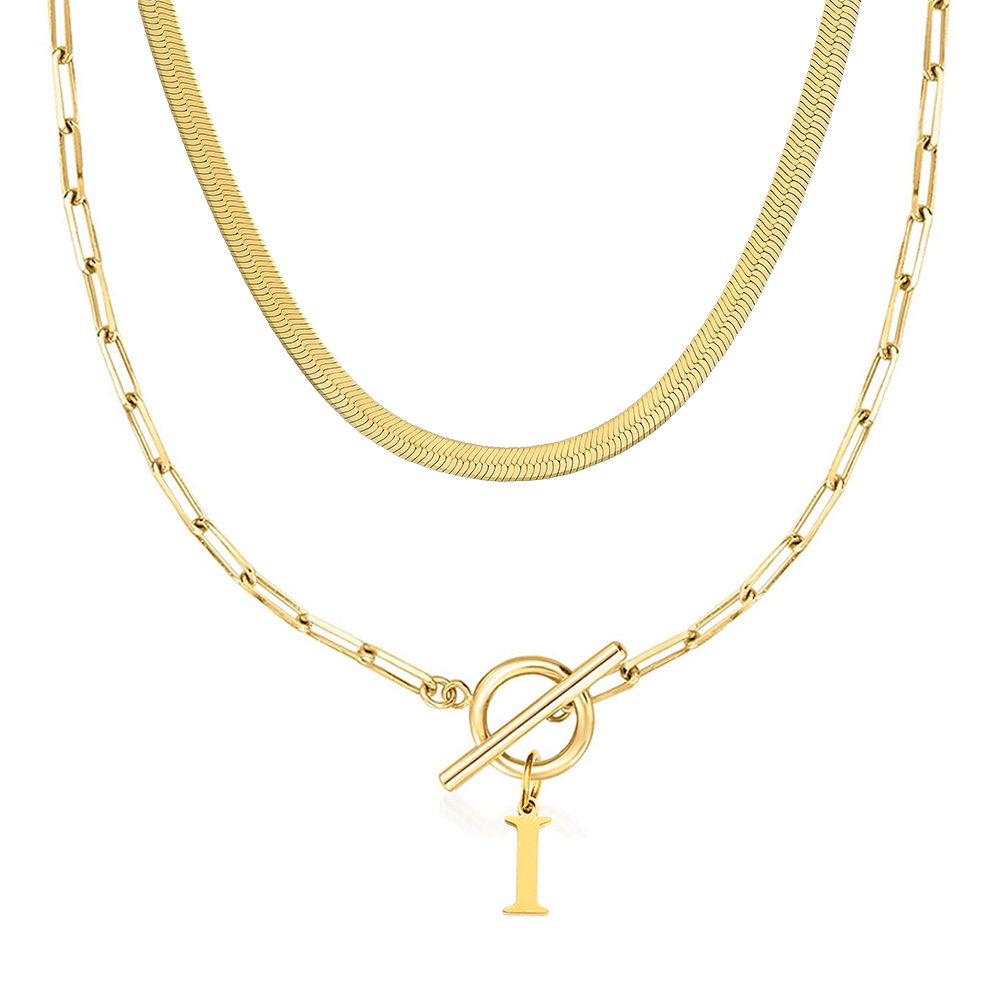 2pc Paperclip Initial Toggle Clasp & Herringbone Necklace Set