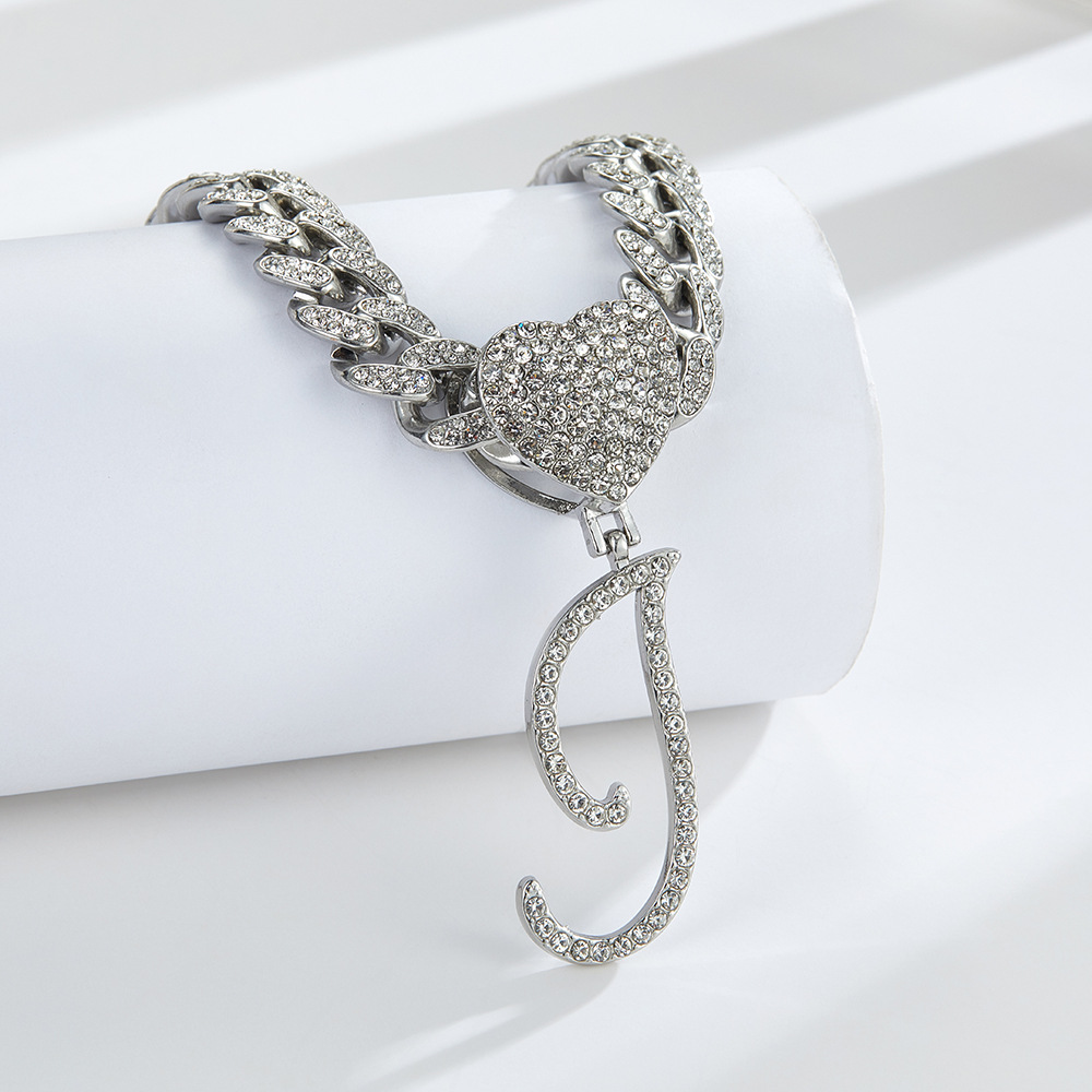 Cursive Diamond Accented Initial Cuban Heart Necklace