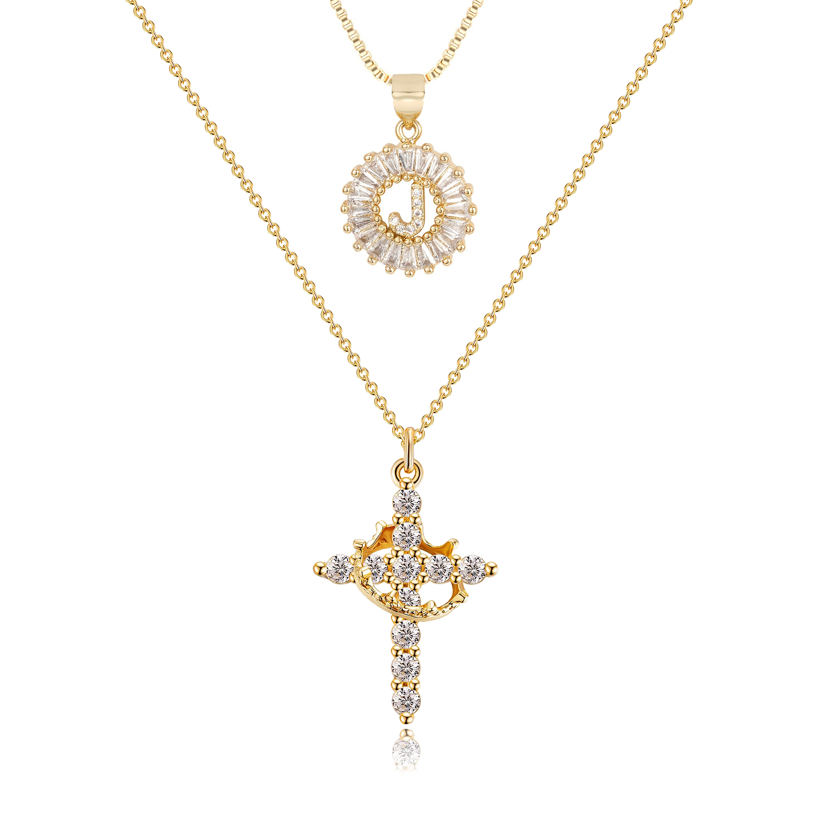 2pc 14k Diamond Cross Crown & Initial Necklace Set