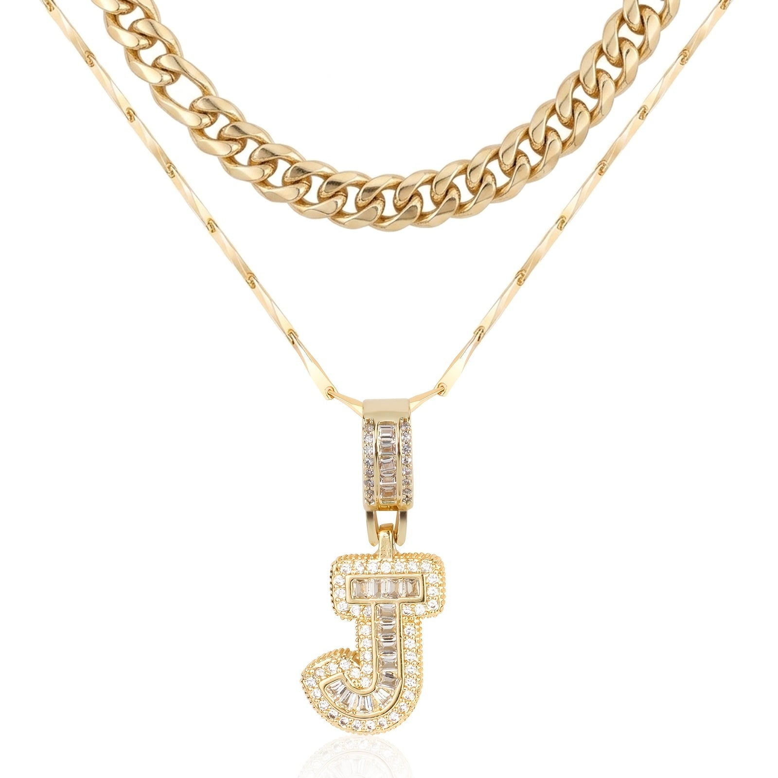 2pc 14k Layered Cuban & Initial Necklaces