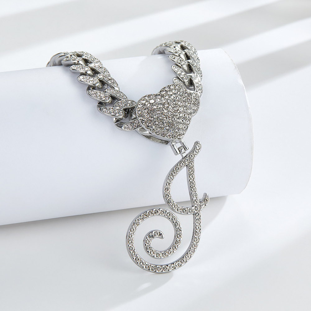 Cursive Diamond Accented Initial Cuban Heart Necklace