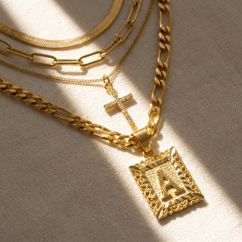 4pc 14k Initial & Cross Necklace Set