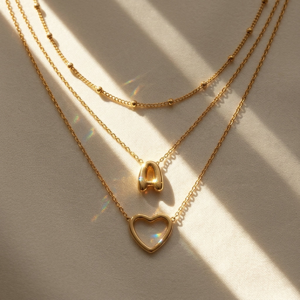 18k 3pc Heart & Bubble Letter Initial Necklace Stack