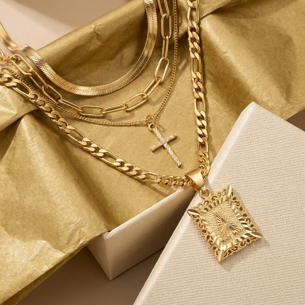 4pc 14k Initial & Cross Necklace Set