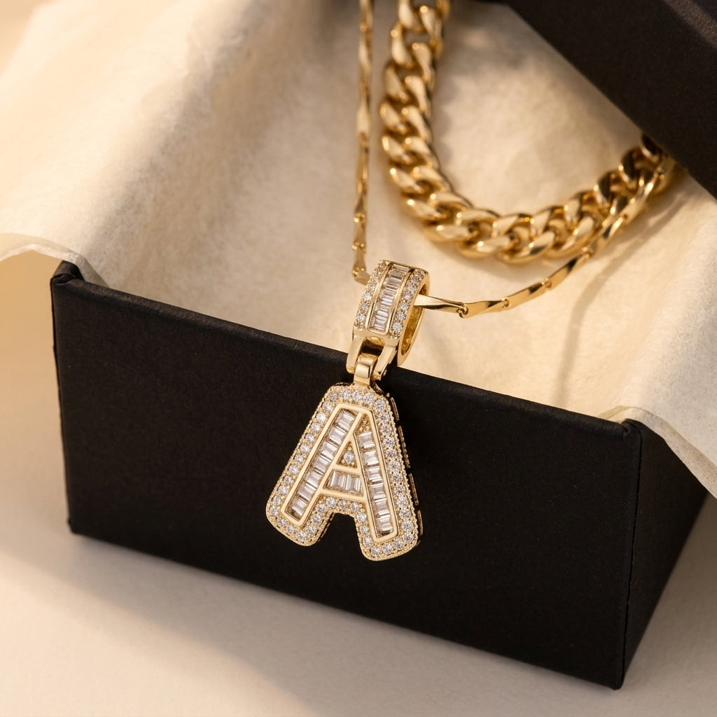 2pc 14k Layered Cuban & Initial Necklaces