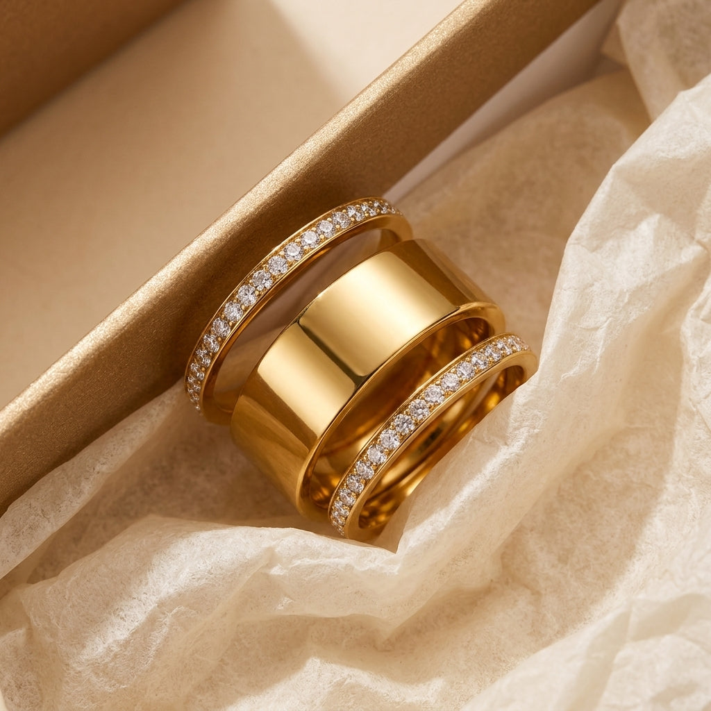 3pc CZ Accented Thin & Thick Ring Stack