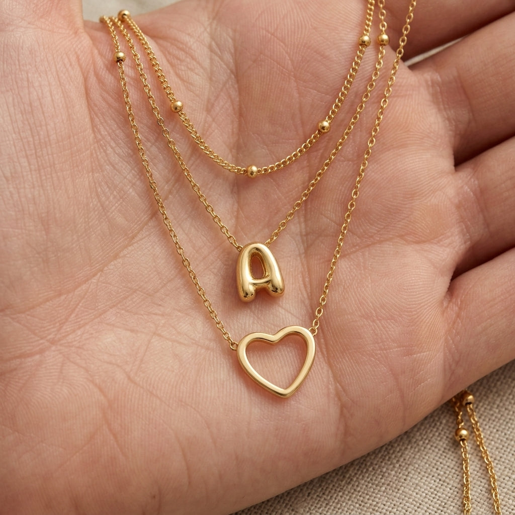 18k 3pc Heart & Bubble Letter Initial Necklace Stack