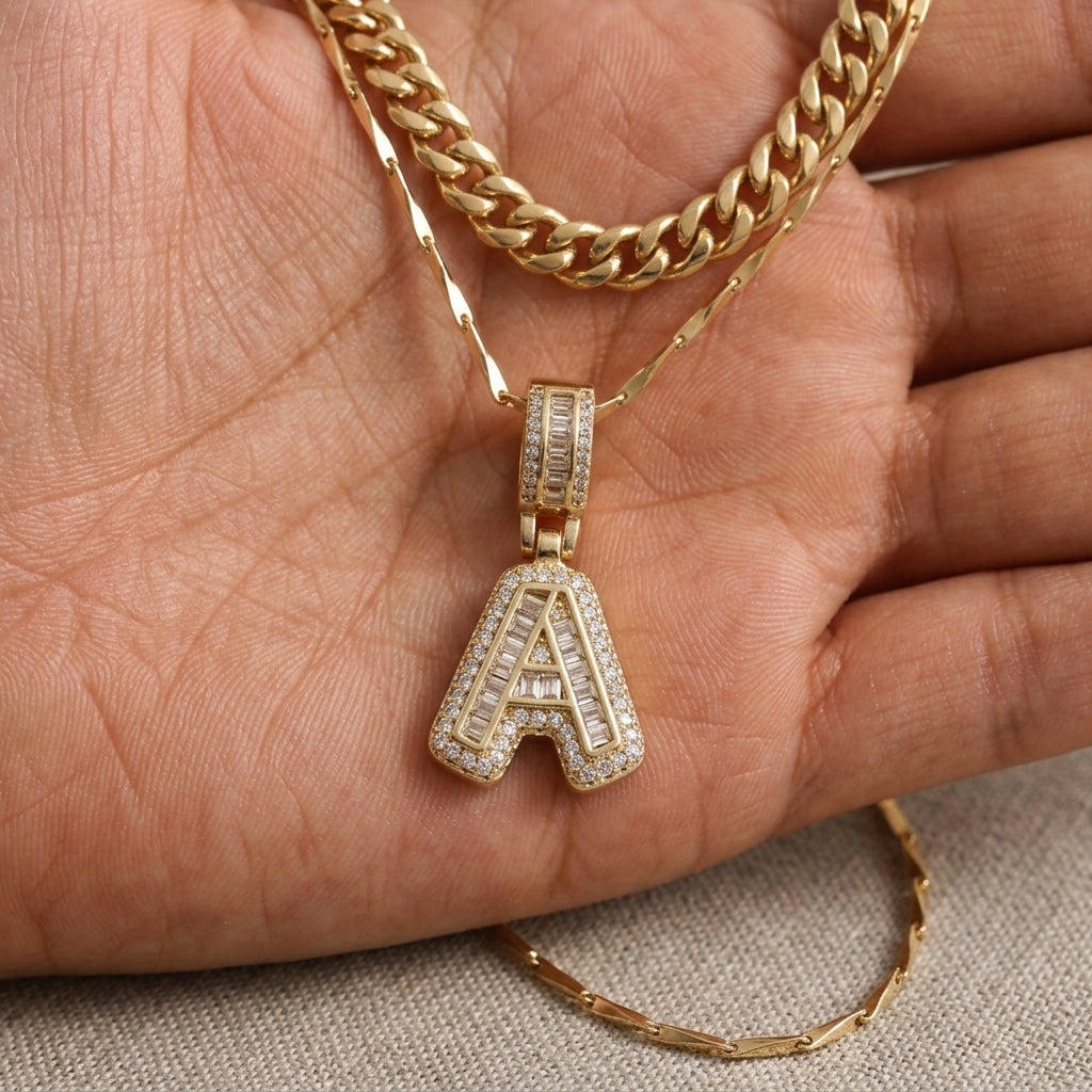 2pc 14k Layered Cuban & Initial Necklaces