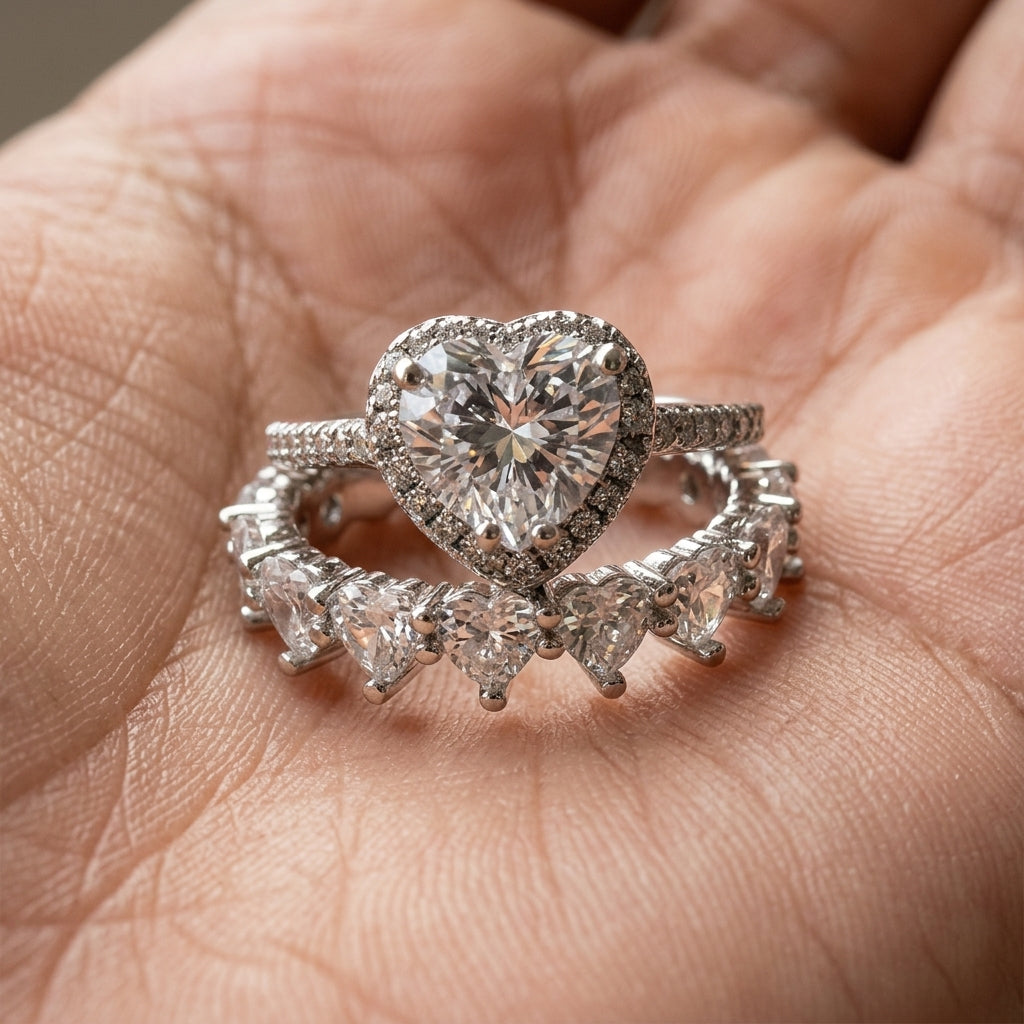 2pc Elegant Heart CZ Ring Stack
