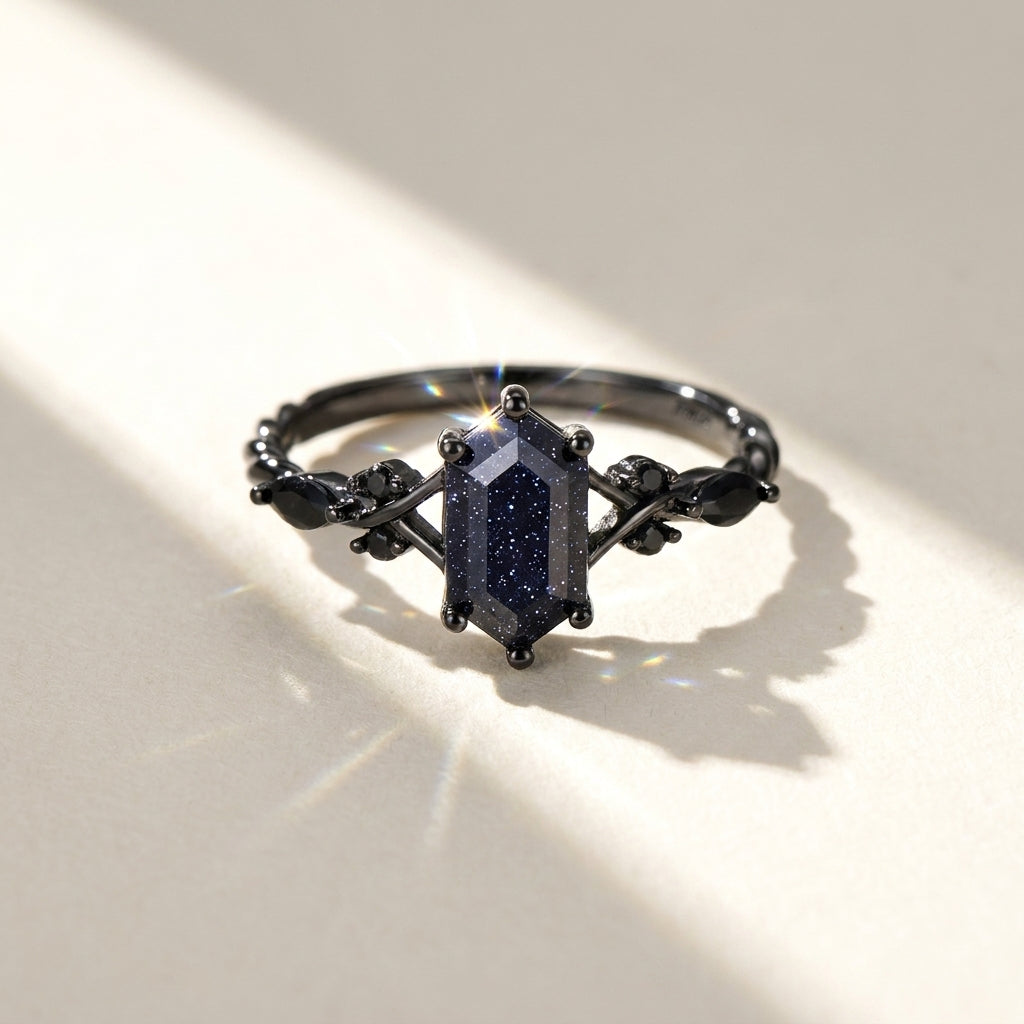 Elegant Hexagonal Cut Black Ring