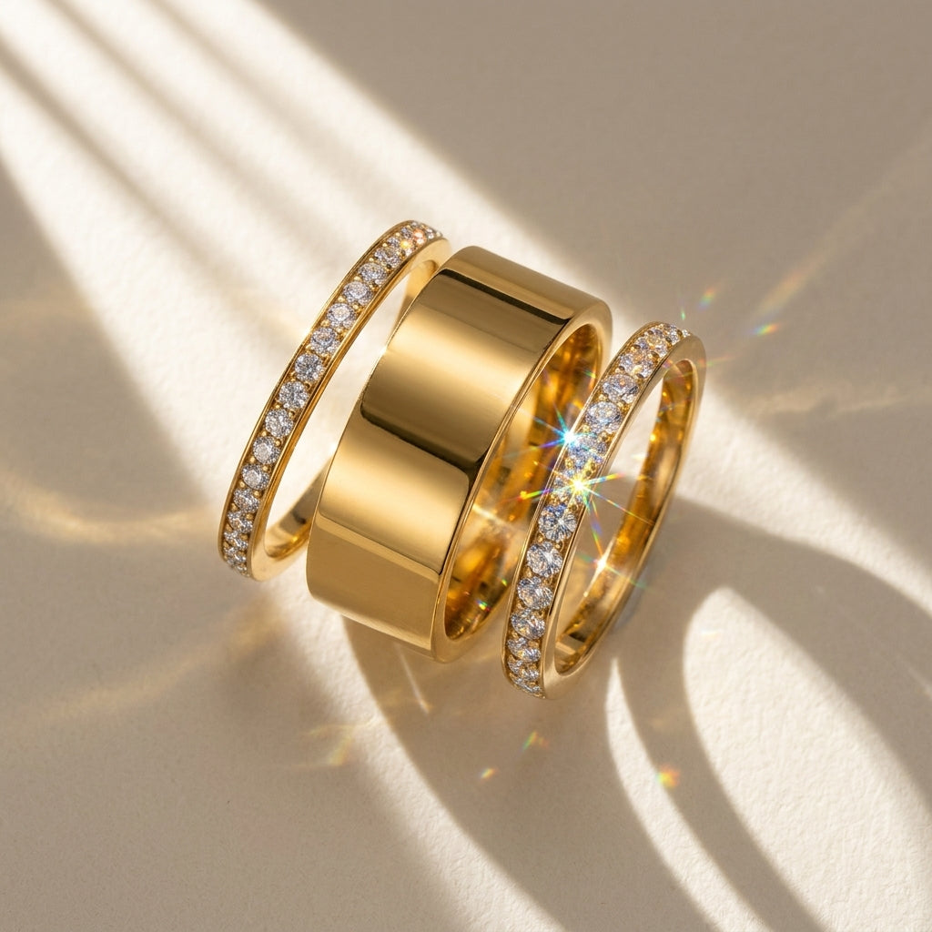 3pc CZ Accented Thin & Thick Ring Stack