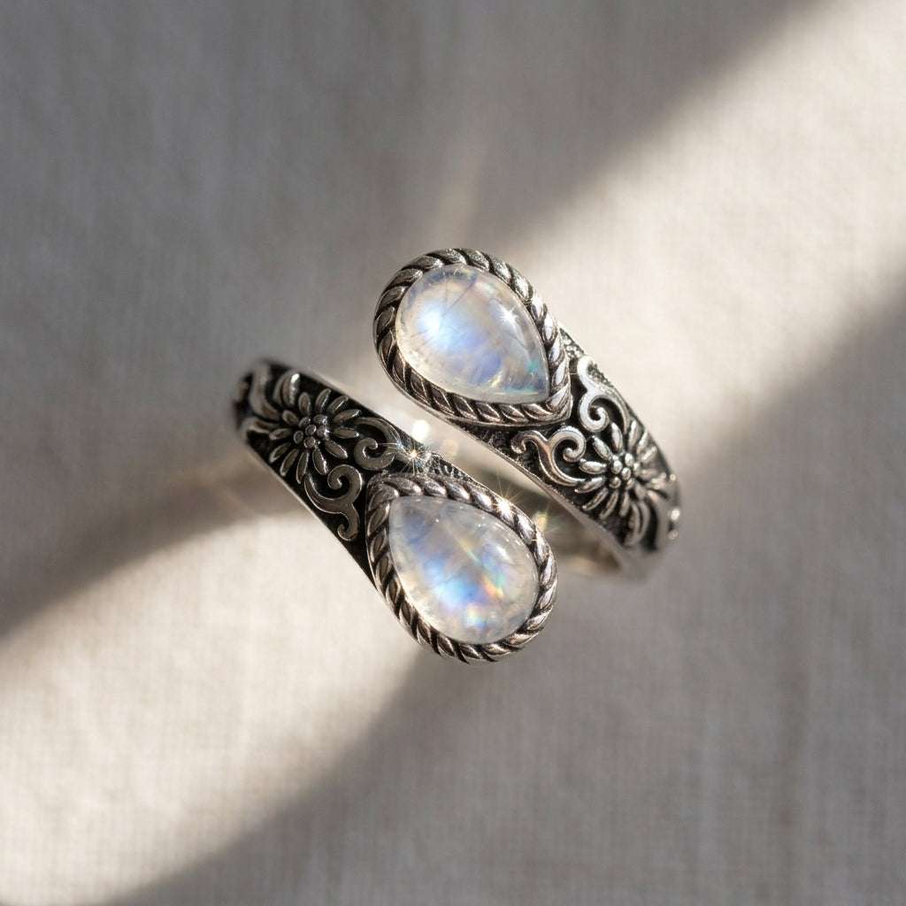 Adjustable Floral Accent Moonstone Ring
