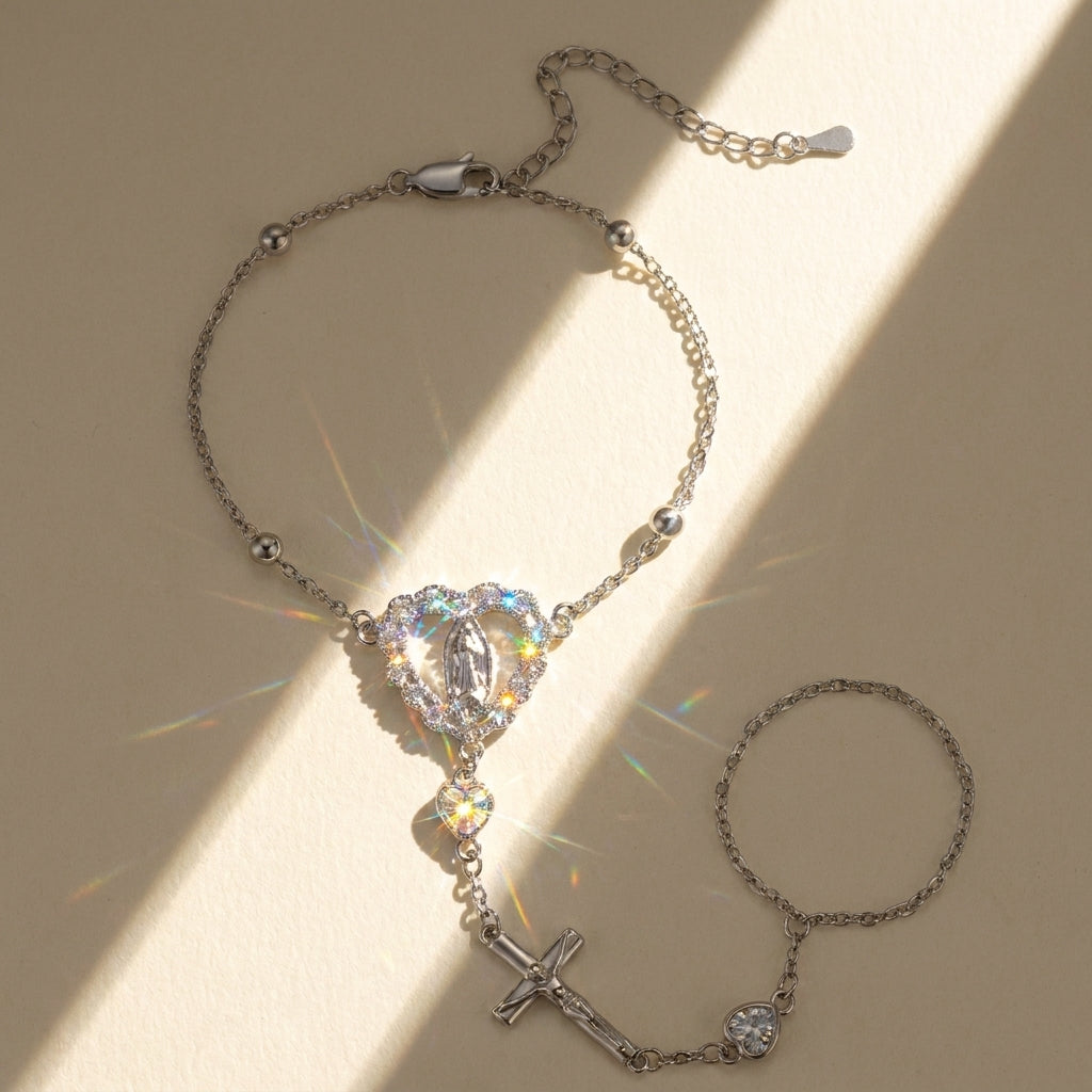 14k Virgin Mary & Jesus Christ Heart Cross Hand Chain