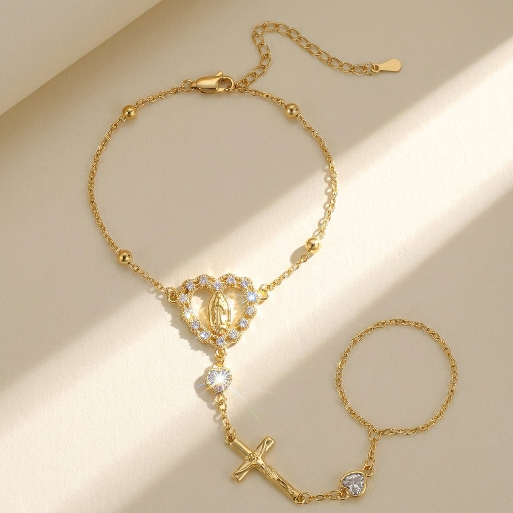 14k Virgin Mary & Jesus Christ Heart Cross Hand Chain