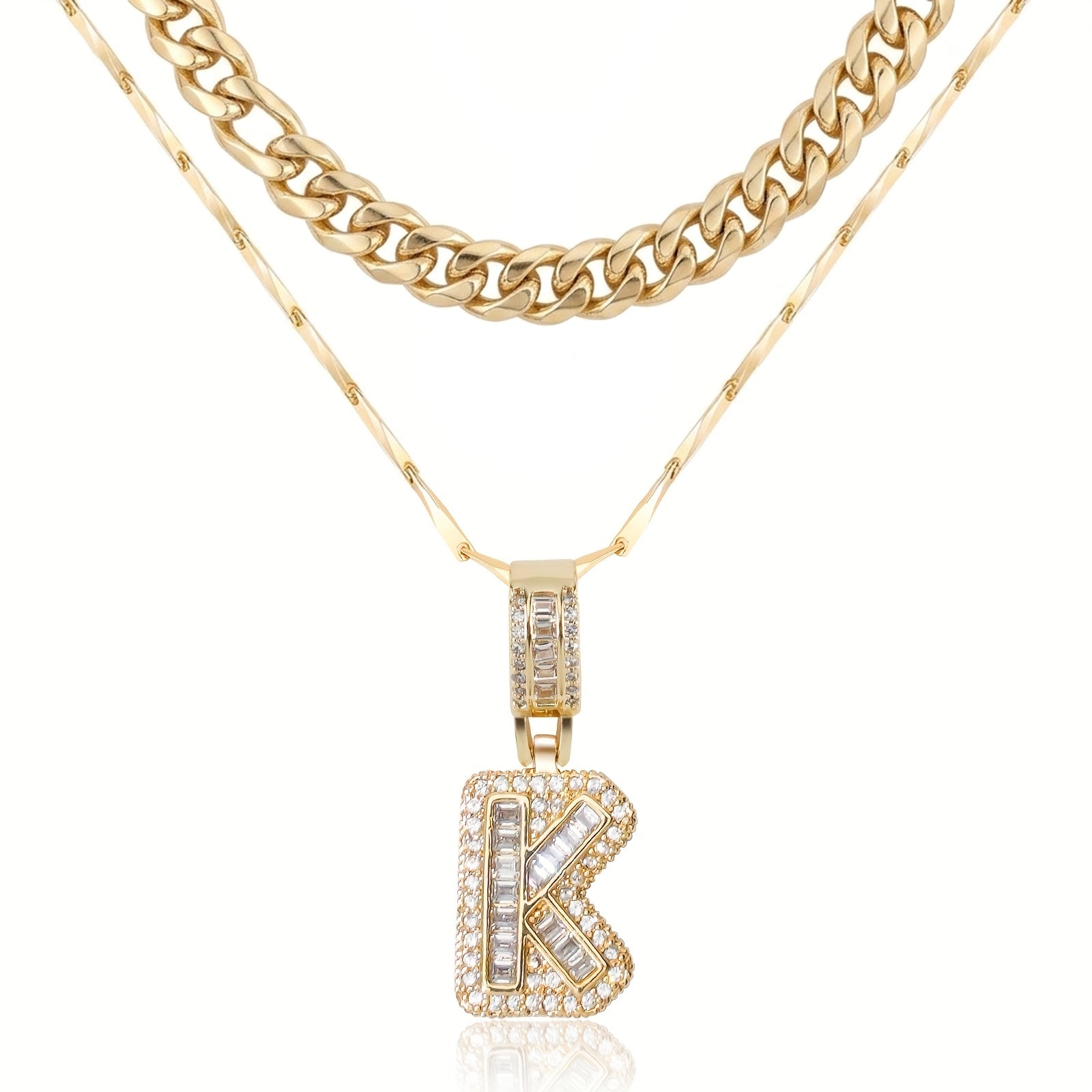 2pc 14k Layered Cuban & Initial Necklaces