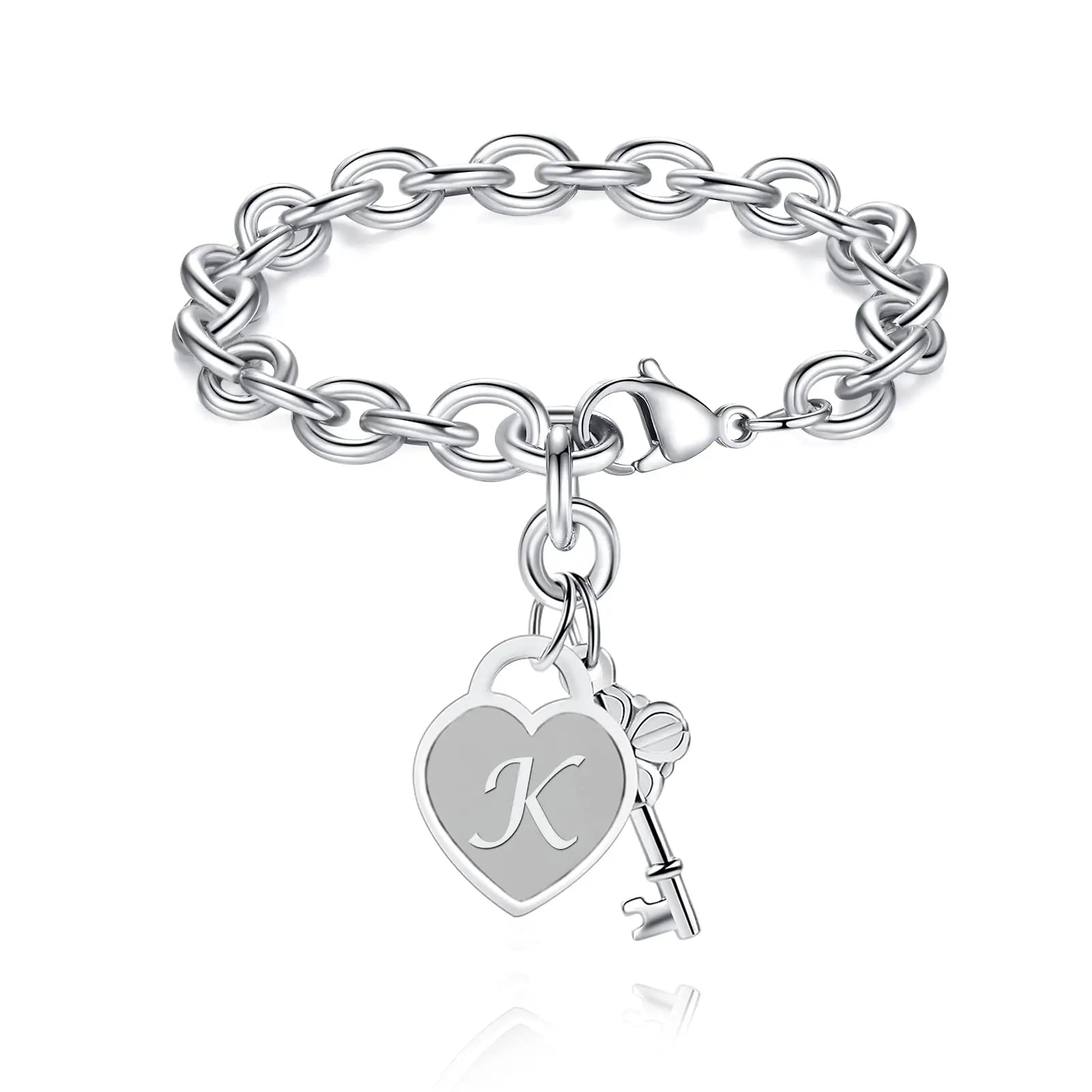 Chunky Clip Heart & Key Letter Initial Bracelet