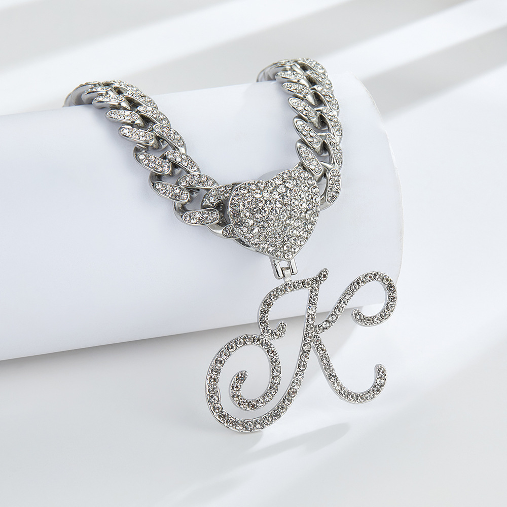 Cursive Diamond Accented Initial Cuban Heart Necklace