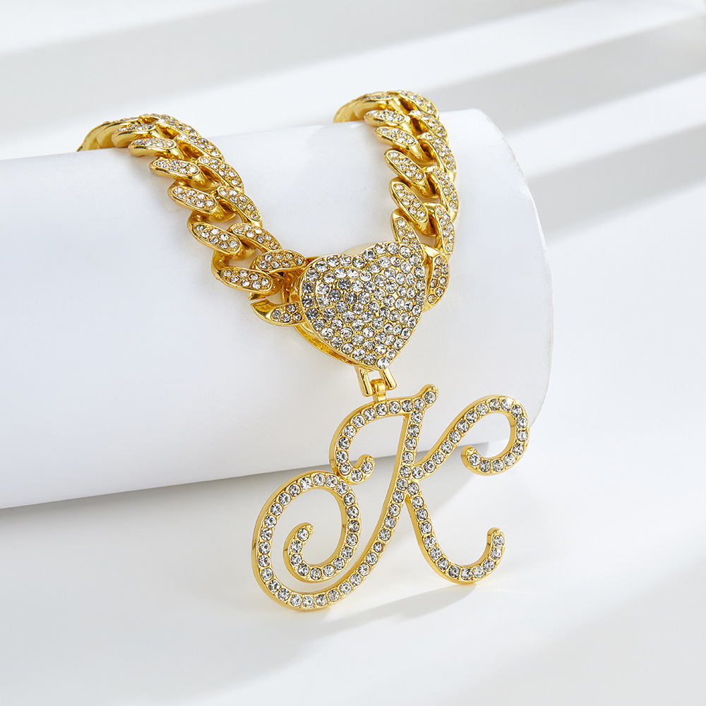 Cursive Diamond Accented Initial Cuban Heart Necklace