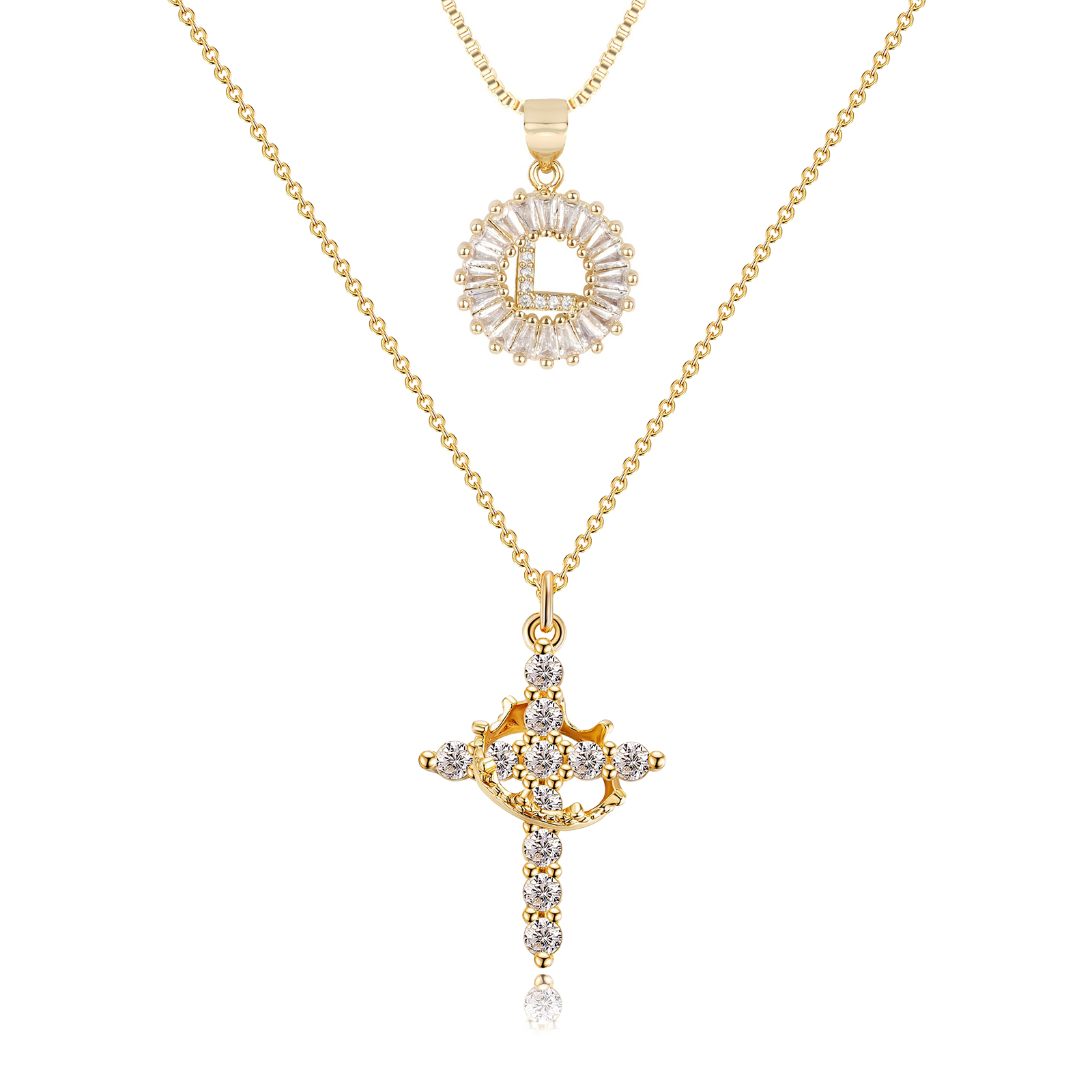 2pc 14k Diamond Cross Crown & Initial Necklace Set
