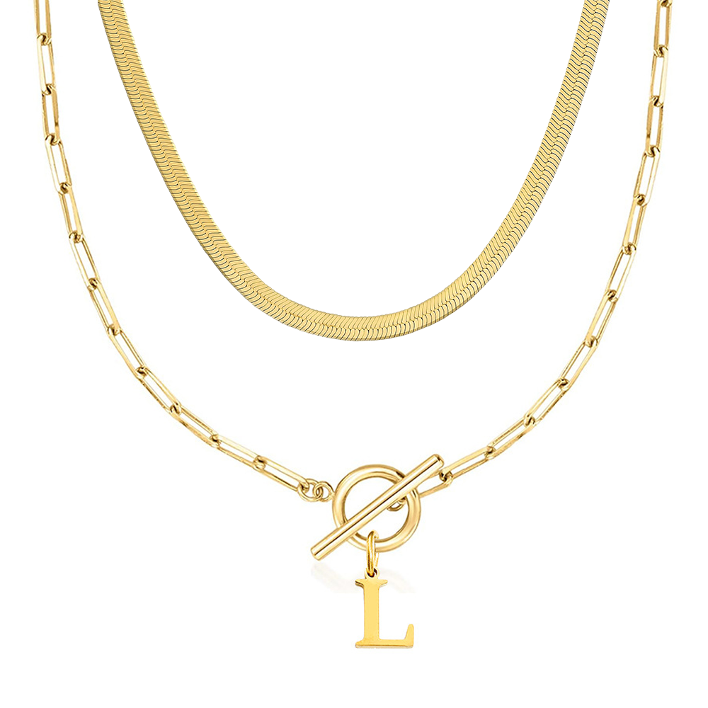 2pc Paperclip Initial Toggle Clasp & Herringbone Necklace Set