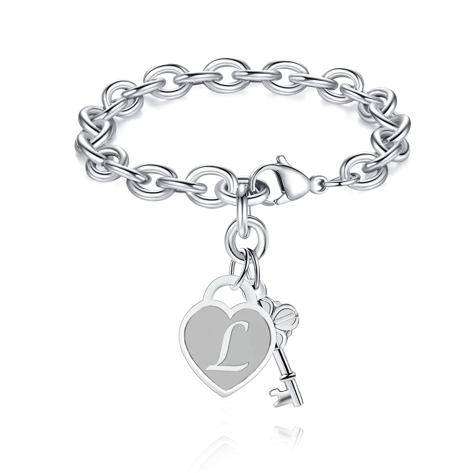 Chunky Clip Heart & Key Letter Initial Bracelet