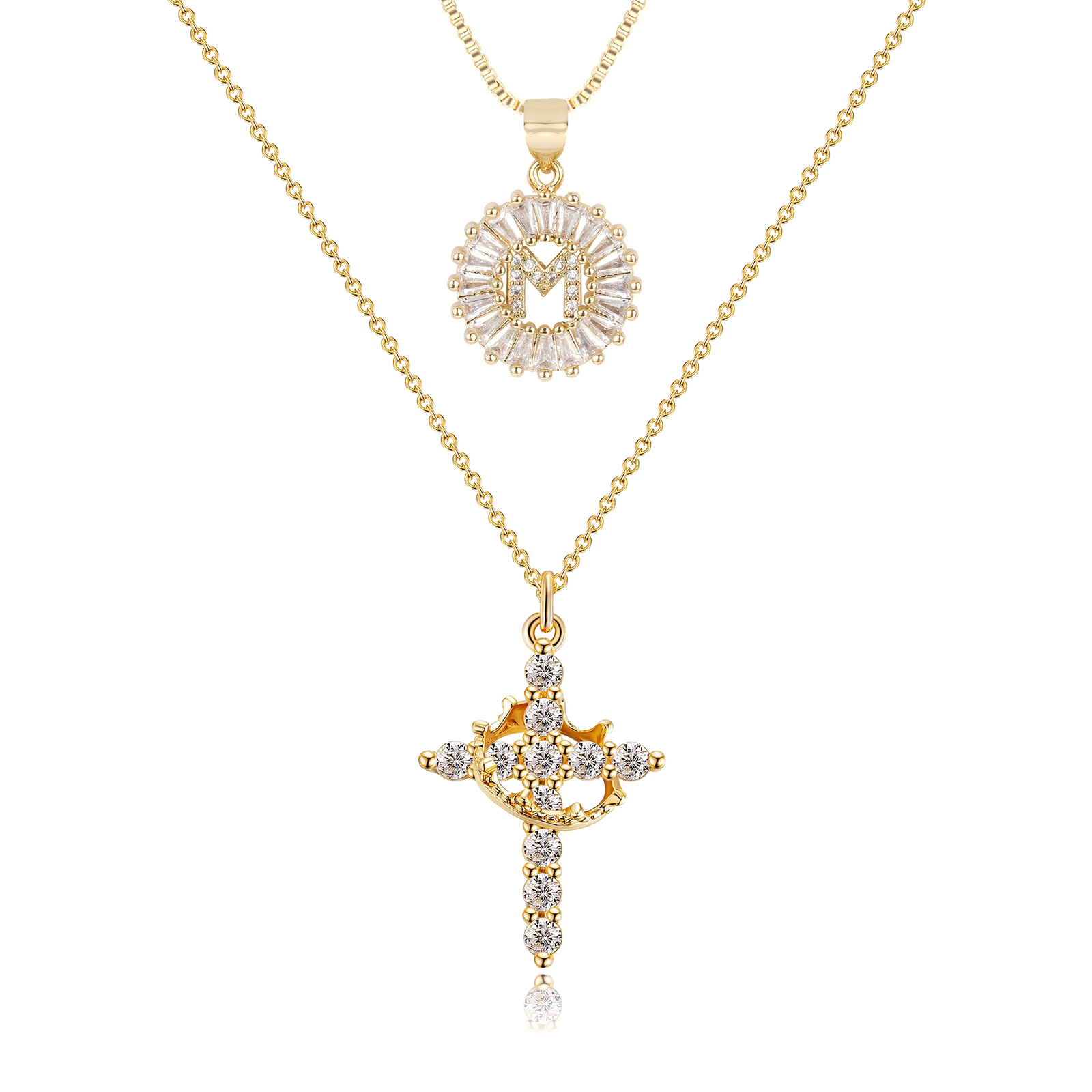 2pc 14k Diamond Cross Crown & Initial Necklace Set