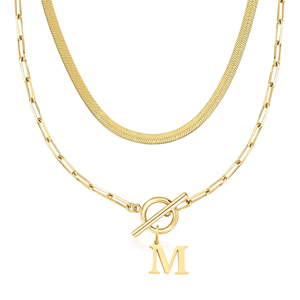 2pc Paperclip Initial Toggle Clasp & Herringbone Necklace Set