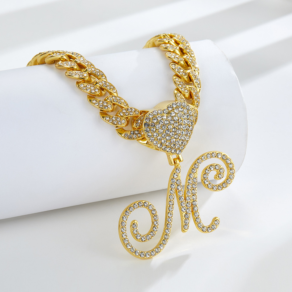 Cursive Diamond Accented Initial Cuban Heart Necklace