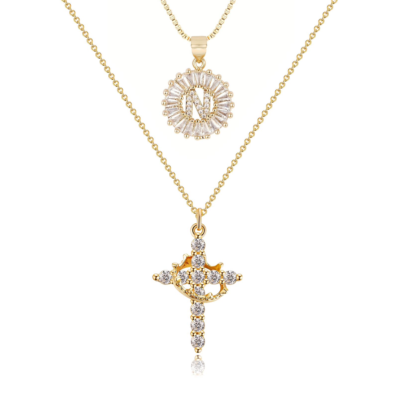 2pc 14k Diamond Cross Crown & Initial Necklace Set